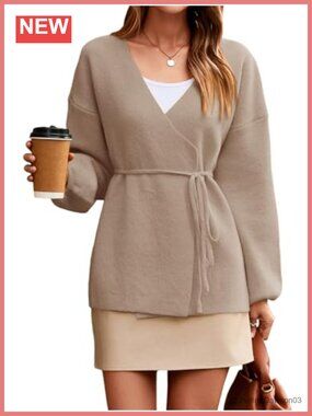 Womens Wrap Tie Front Cardigan Long Sleeve V-Neck Knit Sweater Blazer